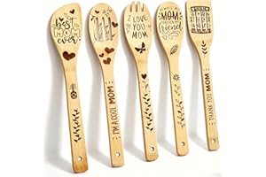 Mothers Day Gifts from Daughter and Son, 5 Pcs Personalized Wooden Utensils for Cooking Birthday Gifts for Mom and Grandma, T