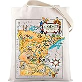 LEVLO Fun State Map Tote Bag - Minnesota Travel Souvenir Gift - 1940's Minnesota Cartoon Illustration Shoulder Bag