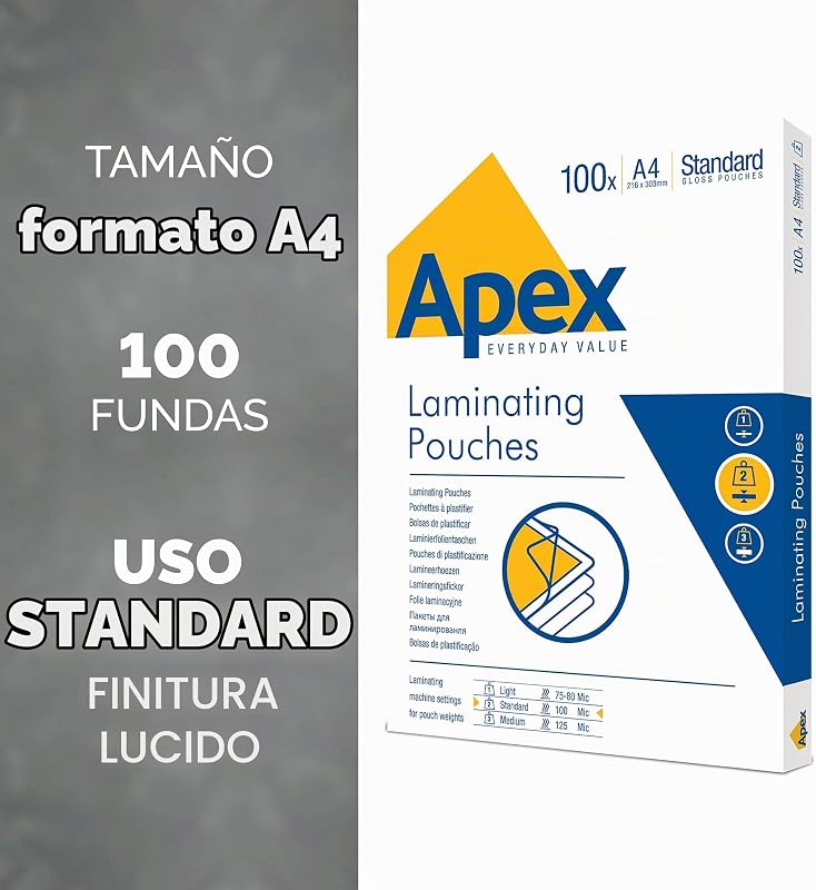 6003301 Pouches per plastificazione Apex formato A4, spessore normale, Finitura lucida, ideali per avvisi, foto e creatività, confezione da 100 fogli