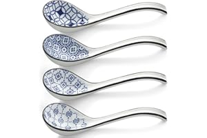 Ceramic Soup Spoons Set of 4 Asian Soup Spoon 6.3 InchLong Handle Chinese Soup Spoon Japanese Ramen Spoon for Pho Dumplings W