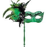 MYSEUNI 2025 New Masquerade Mask for Women with Stick - Shiny Women's Feather Mardi Gras Venetian Mask for Costume Accessory