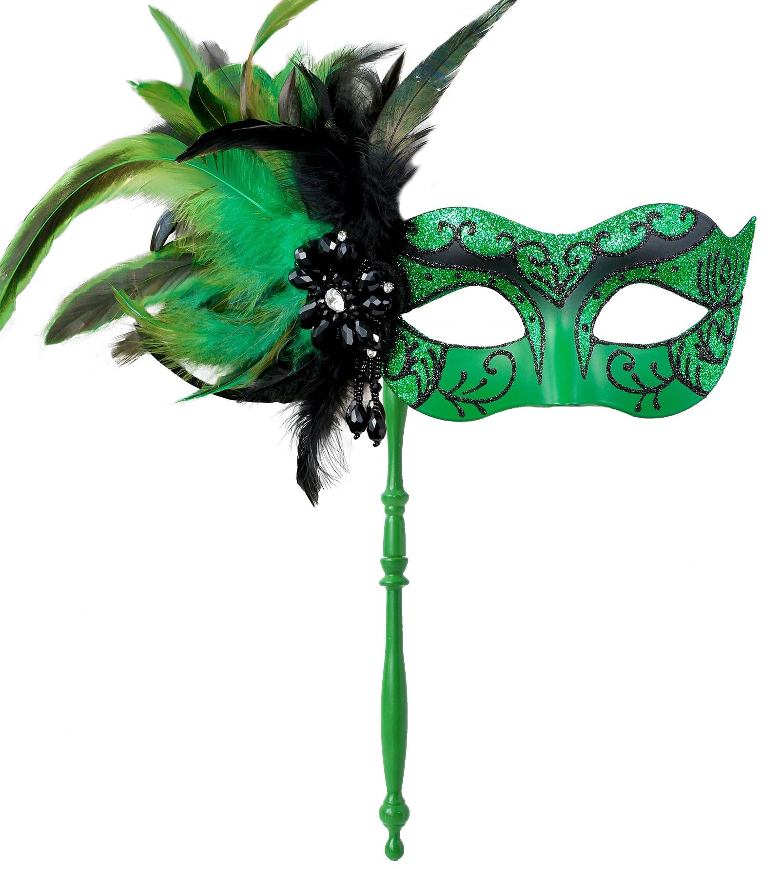 MYSEUNI 2025 New Green Masquerade Mask for Women with Stick - Shiny Women's Feather Mardi Gras Mask Green for Halloween Parties, Carnival, Cosplay Prom, Christmas, Wedding, Bar, Costume Accessory