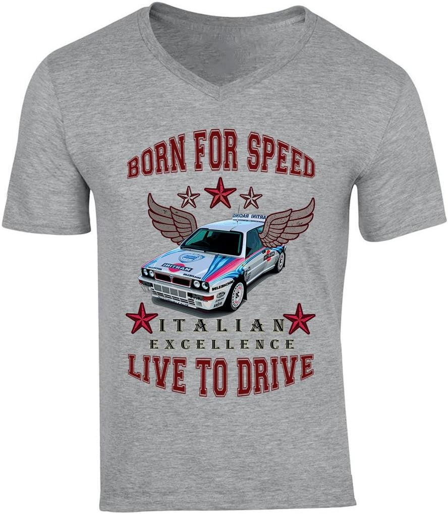 Teesandengines Men's LANCIA DELTA RALLY BORN FOR SPEED Grey V-Neck T-shirt
