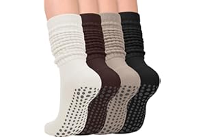 yeuG 4 Pairs Grip Pilates Socks for Women Yoga Slouch Socks with Grips for Barre Grippy Socks Long Scrunch Slipper Socks