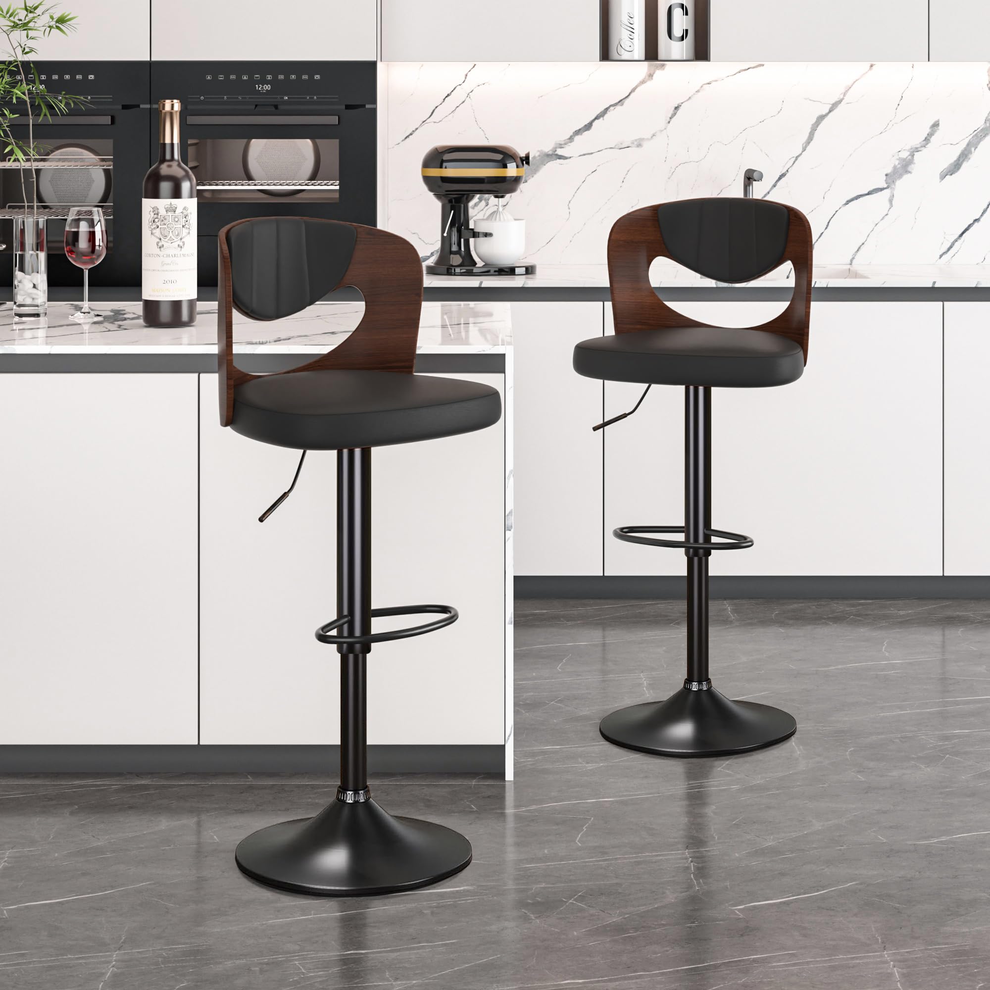 Photo 1 of ***DAMAGED -SELLING AS IS*** VECELO Bar Stools Set of 2, Kitchen Island Stools with Bentwood Back, Arm & Footrest, Counter Height Stools PU Leather Adjustable Height, Swivel Bar Chairs for Club Pub Dining Room, Black   ***SOME SCUFFS/SCRATCHES, BOX RIPPED