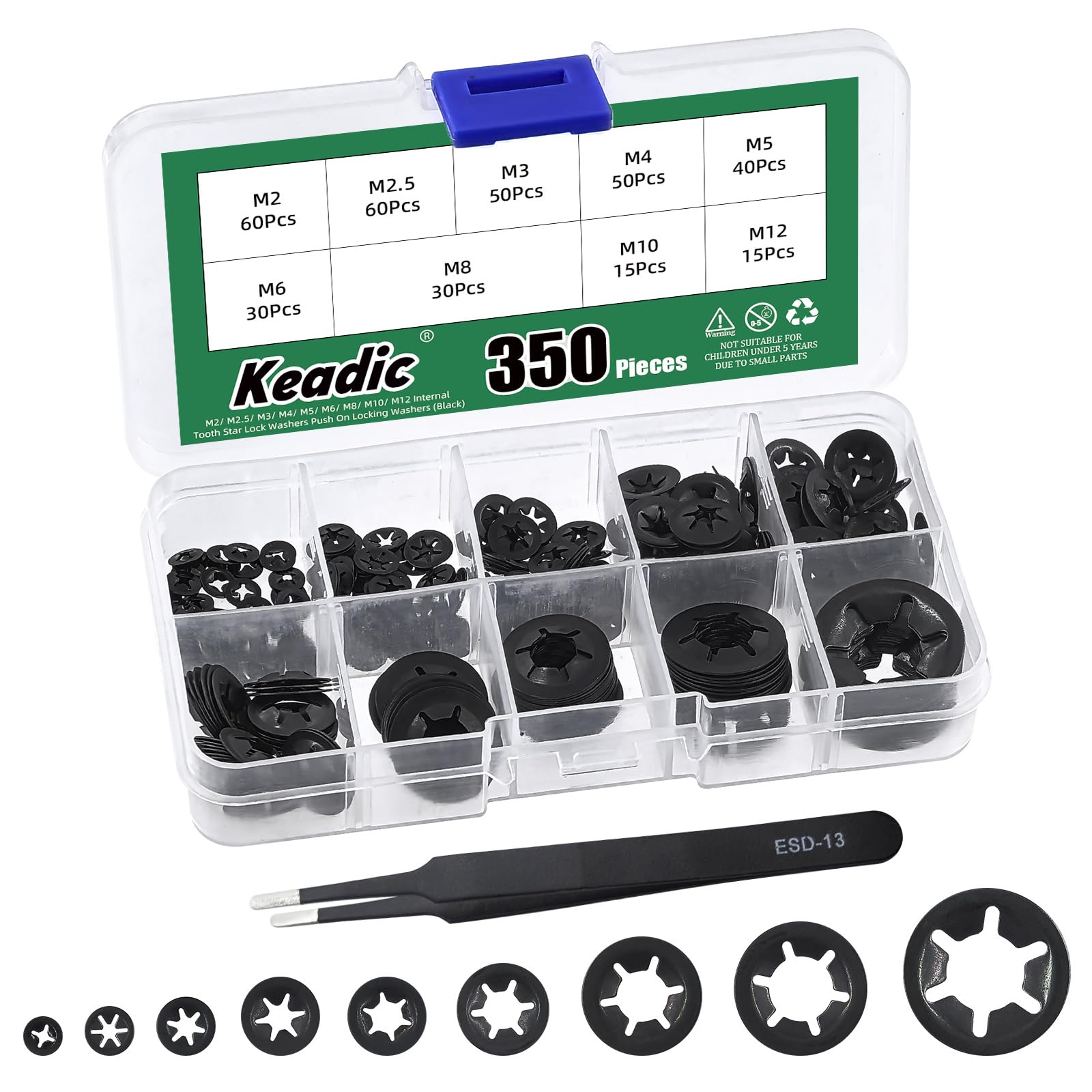Keadic 350Pcs M2 M2.5 M3 M4 M5 M6 M8 M10 M12 Internal Tooth Star lock Washers Assortment Set, Steel Black Oxide Finish Push On Star Lock Washer, Retaining Clips Fastener for Automotive