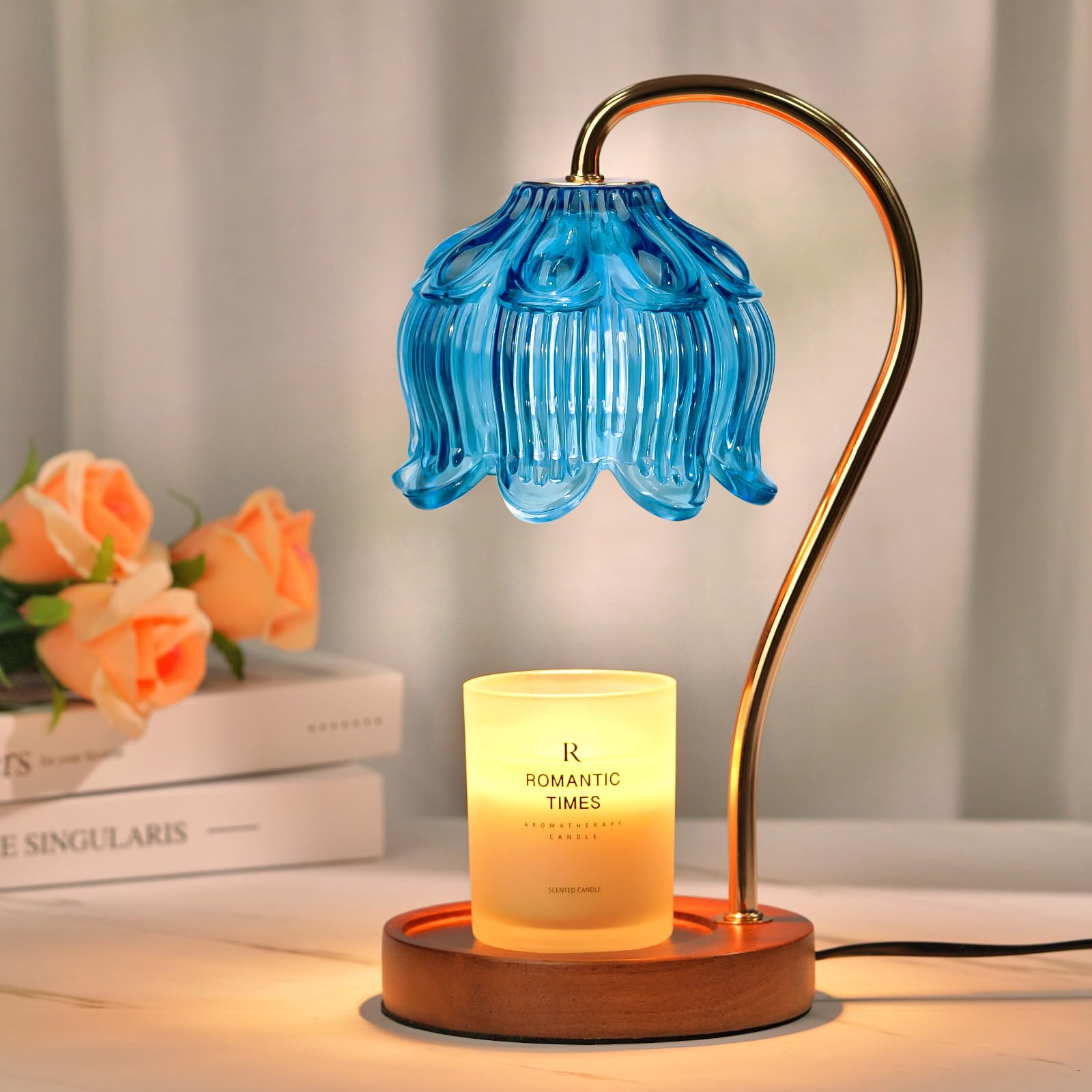 Photo 1 of Flower Candle Warmer Lamp with Timer, Blue Candle Lamp Warmer, Birthday Gifts for Women, Mom, Wife, Dimmable Glass Lamp Candle Light Gifts, Aromatic Candle Wax Warmer for Vintage Livingroom Decor