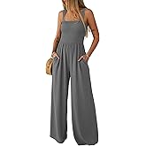 Lepunuo Jumpsuits for Women Casual One Piece Overalls Smocked Wide Leg Long Rompers With Pockets Beach Vacation