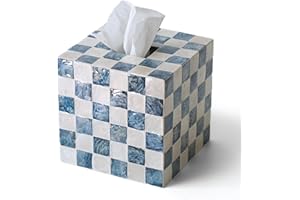 CHI AN HOME 5.9" Tissue Box Cover, Handmade Checkered Cube Tissue Box Cover with Capiz Shells, Decorative Tissue Holder for Living Room, Bathroom, Bedroom or Office (Navy Blue, Large Square)