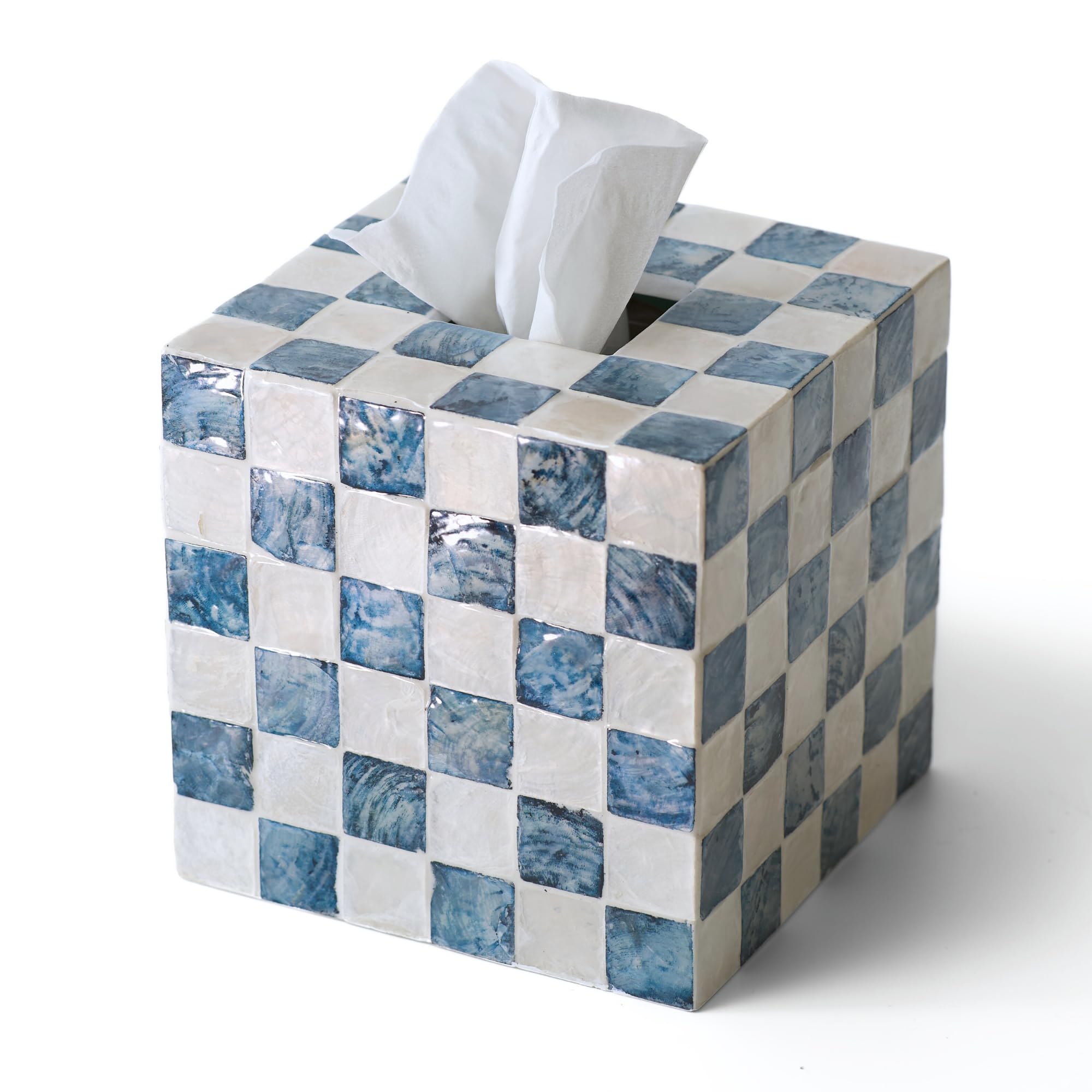 CHI AN HOME 5.7" Square Tissue Box Cover, Handmade Checkered Cube Tissue Box Cover with Capiz Shells, Decorative Tissue Holder for Living Room, Bathroom, Bedroom or Office (Navy Blue)
