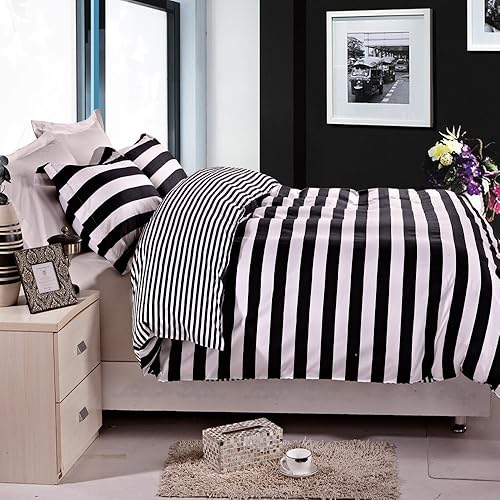 NTBAY 3 Pieces Duvet Cover Set Black and White Stripe Printed Microfiber Reversible Design(Full/Queen, Stripe)