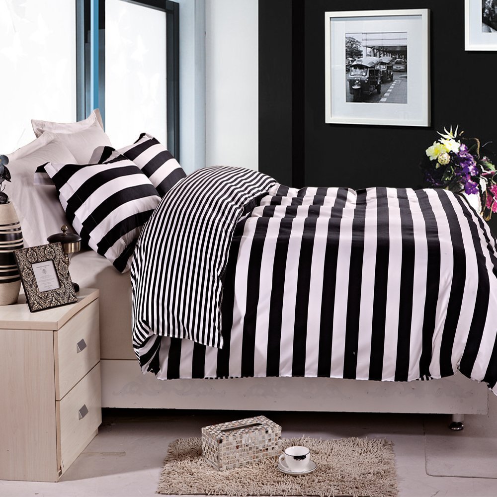 NTBAY 3 Pieces 100% Brushed Microfiber Striped Super King Duvet Cover Set, Super Soft Black and White Reversible Design Zippered Comforter Cover with Ties and 2 Oxford Pillowcases (Super King, Stripe)