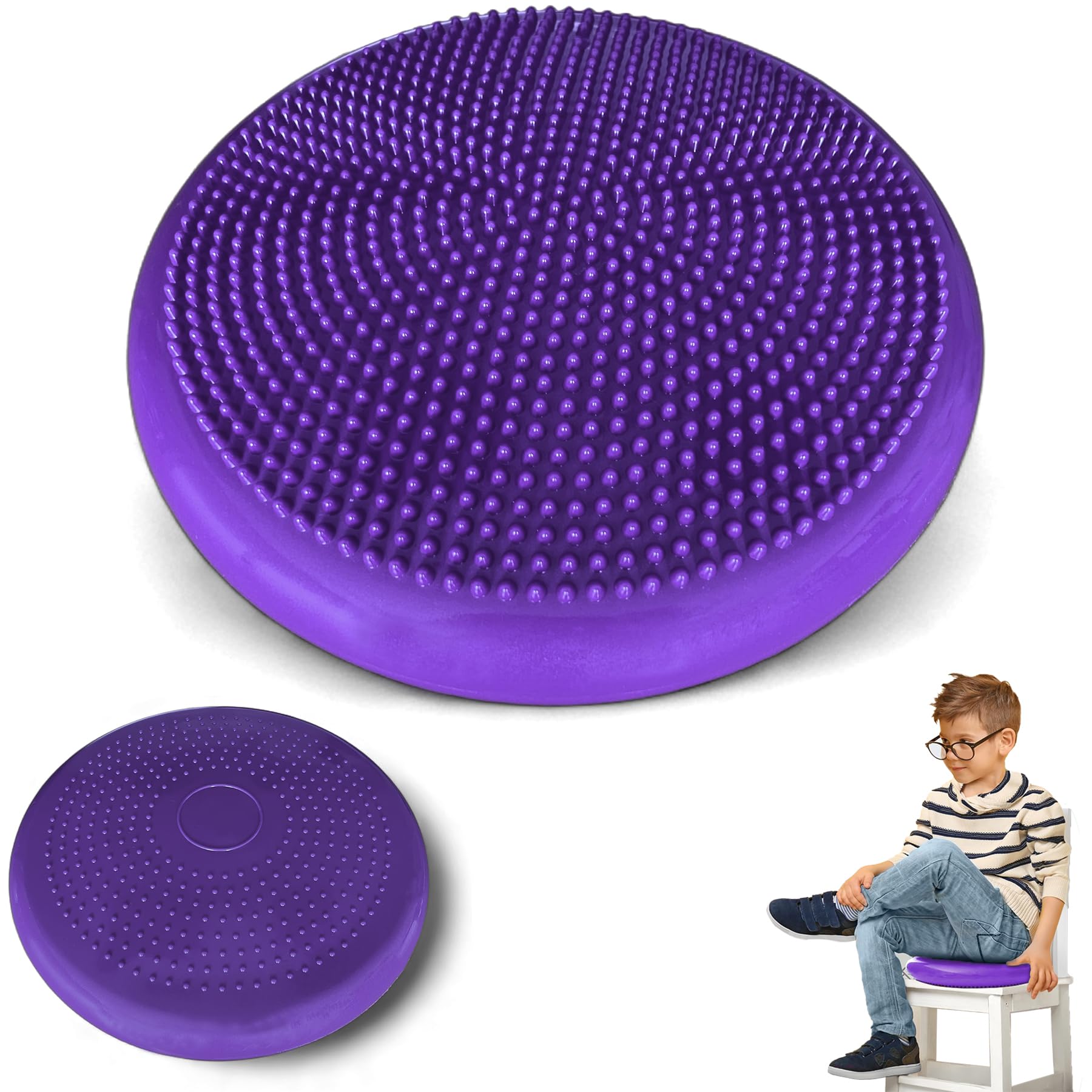 PHYSIOWORX Wiggle Seat - Inflatable Wobble Cushion for Posture, Concentration and Fidget Limitation - Sensory Seat - 35cm Diameter - for Kids with ADHD - 2 Tactile Surfaces - Calming Deep Purple