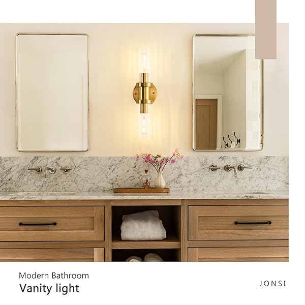 JONSI 2-LIGHT GOLD WALL SCONCE, BRUSHED GOLD BATHROOM VANITY LIGHT FIXTURE WITH GLASS SHADE, 18.2 INCH UP AND DOWN WALL MOUNT LAMP FOR MIRROR HALLWAY KITCHEN LIVING ROOM