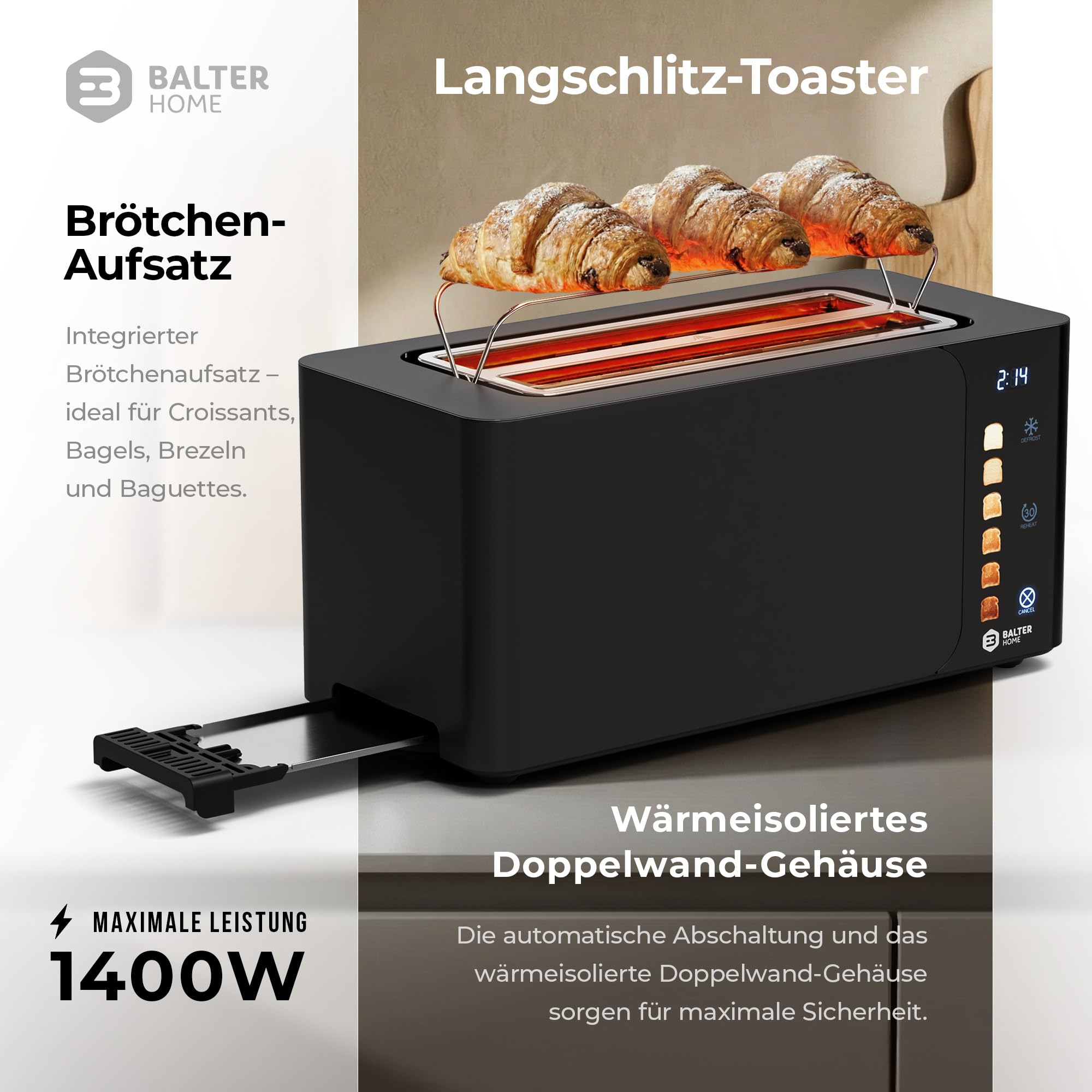 Balter Toaster 4 Scheiben, Touch Bedienung, Langschlitz, Edelstahl, Brötchenaufsatz, LCD Display Langschlitztoaster, Auftaufunktion, Brotzentrierung, TS-44 Schwarz matt 7