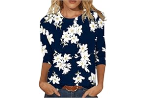 AMOBER Womens Tops 3/4 Sleeve Crewneck Cute Shirts Casual Print Trendy Tops Three Guarter Length T Shirt Summer Pullover