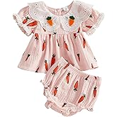 Aifawile Baby Girl Easter Outfits Infant Cute Doll Collar Carrot Short Sleeve Shirt Top Ruffle Shorts Set Baby Summer Clothe