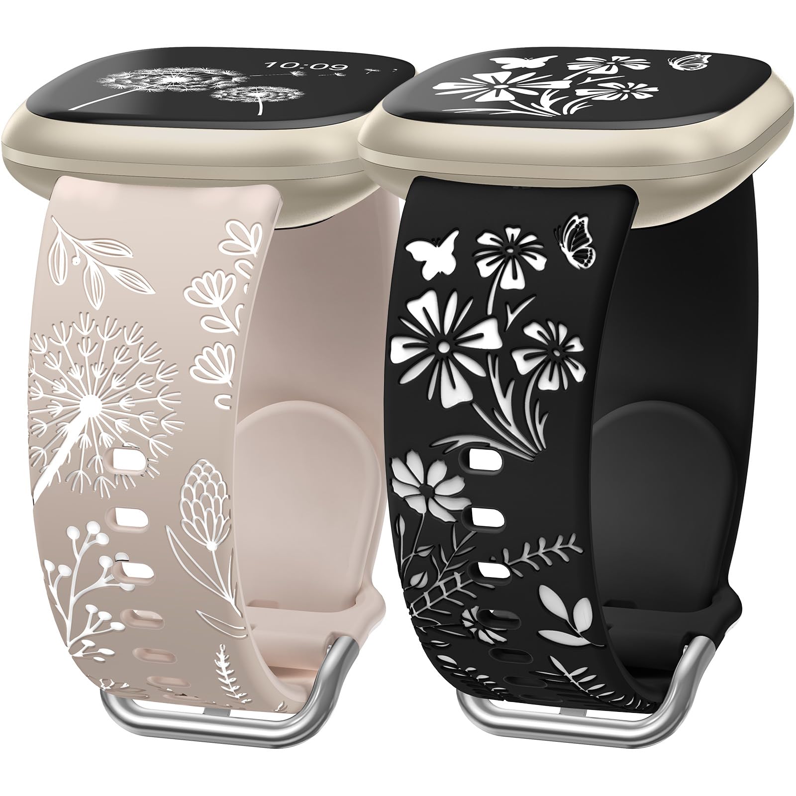 Wearlizer 2 Pack Floral Engraved Strap Compatible with Fitbit Versa 3 Straps/Versa 4 Straps/Sense 2/Sense Bands Women, Cute Two-Tone Flower Soft Silicone Sport Bracelet Starlight/Black Green/Black