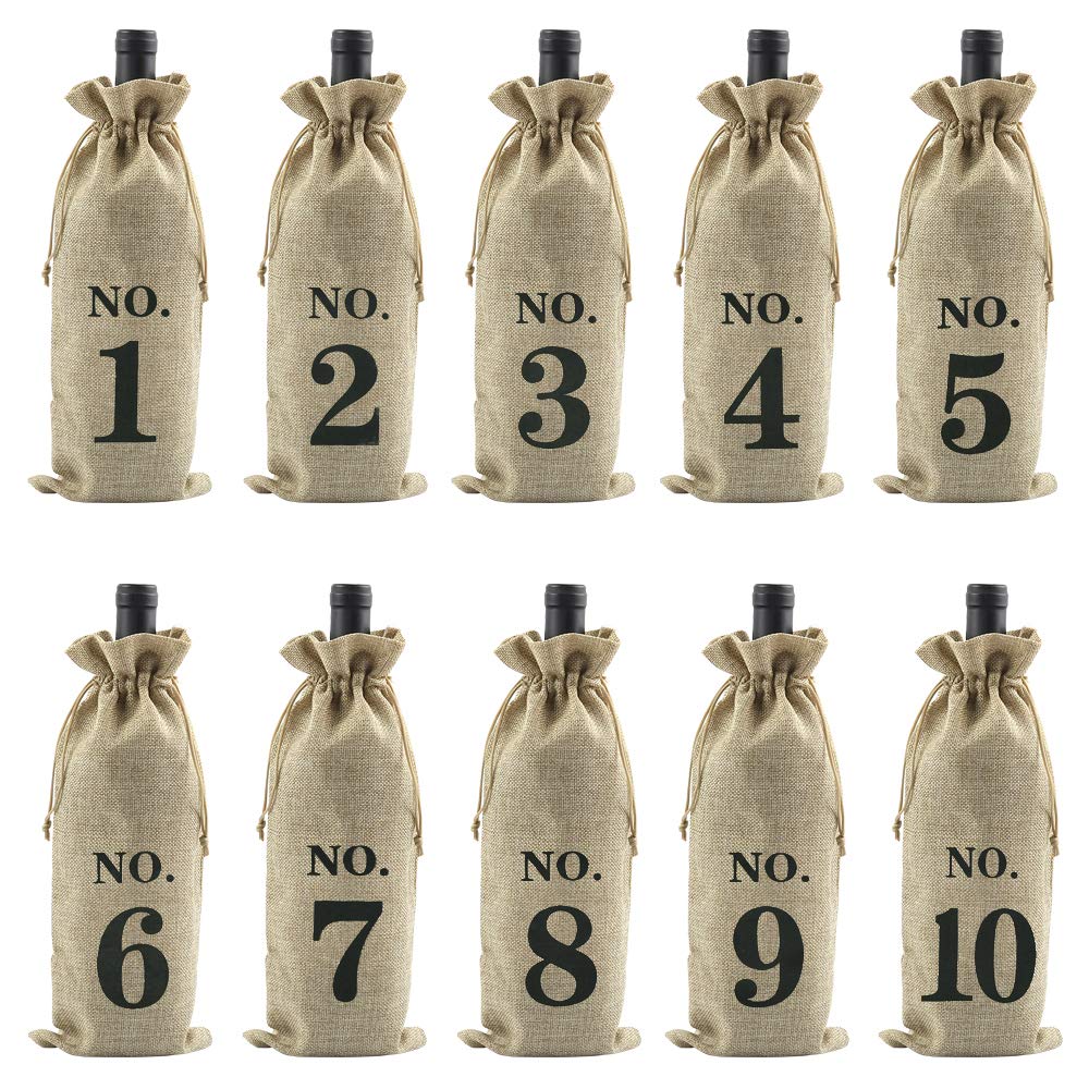 KLYNGTSK 10PCS Burlap Wine Bags Reusable Wine Bottle Gift Bags Wine Gift Bags with Drawstring Numbered Bottle Bags Set for Wine Bottle Cover Storage Blind Tasting Housewarming Presents（16 * 36cm）