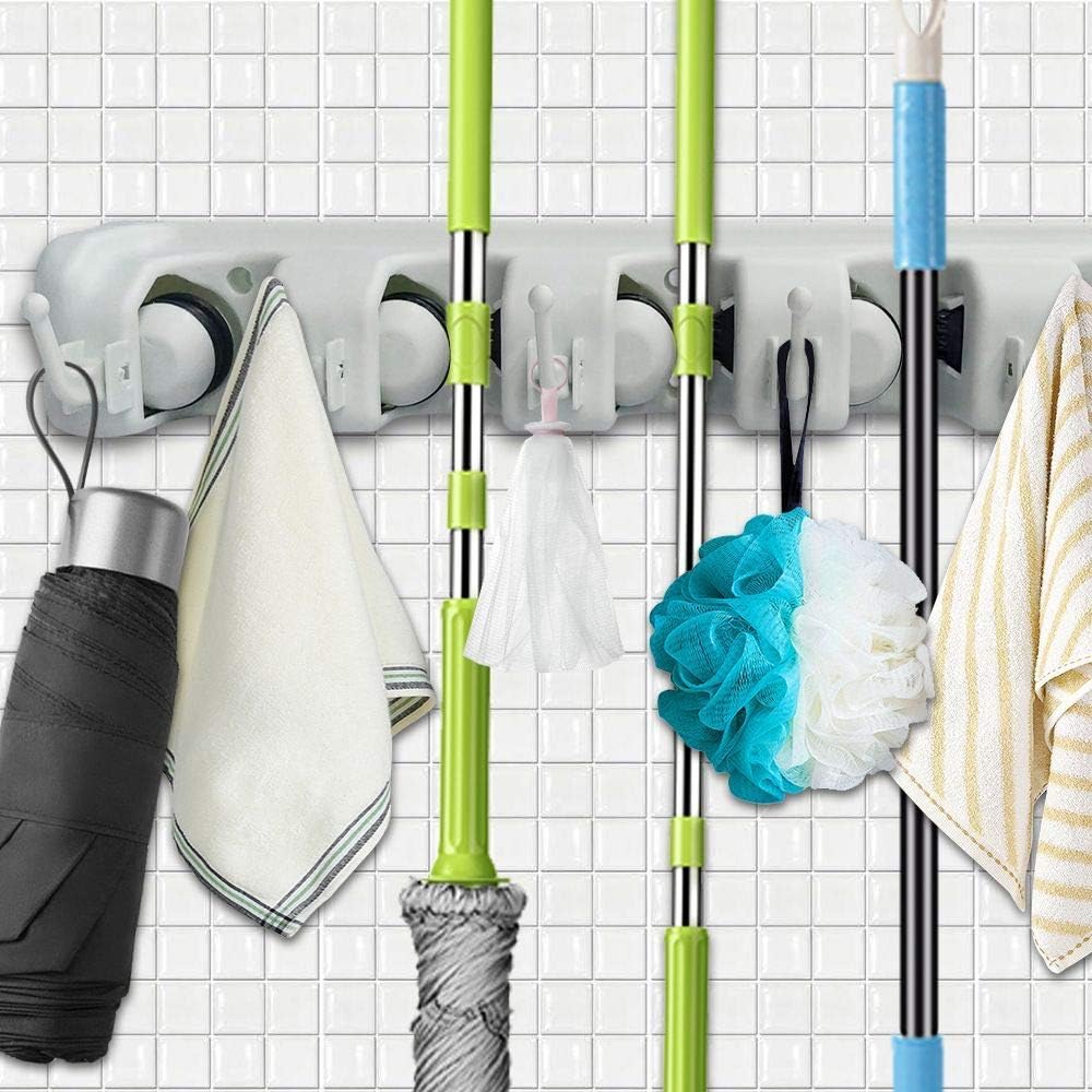OUZIFISH Mop and Broom Holder, Wall Mounted Garden Tool Organizer Storage Hooks, Ideal Tools Hanger for Kitchen, Garage, Laundry Room (5 Sections & 6 Hooks) (Grey)
