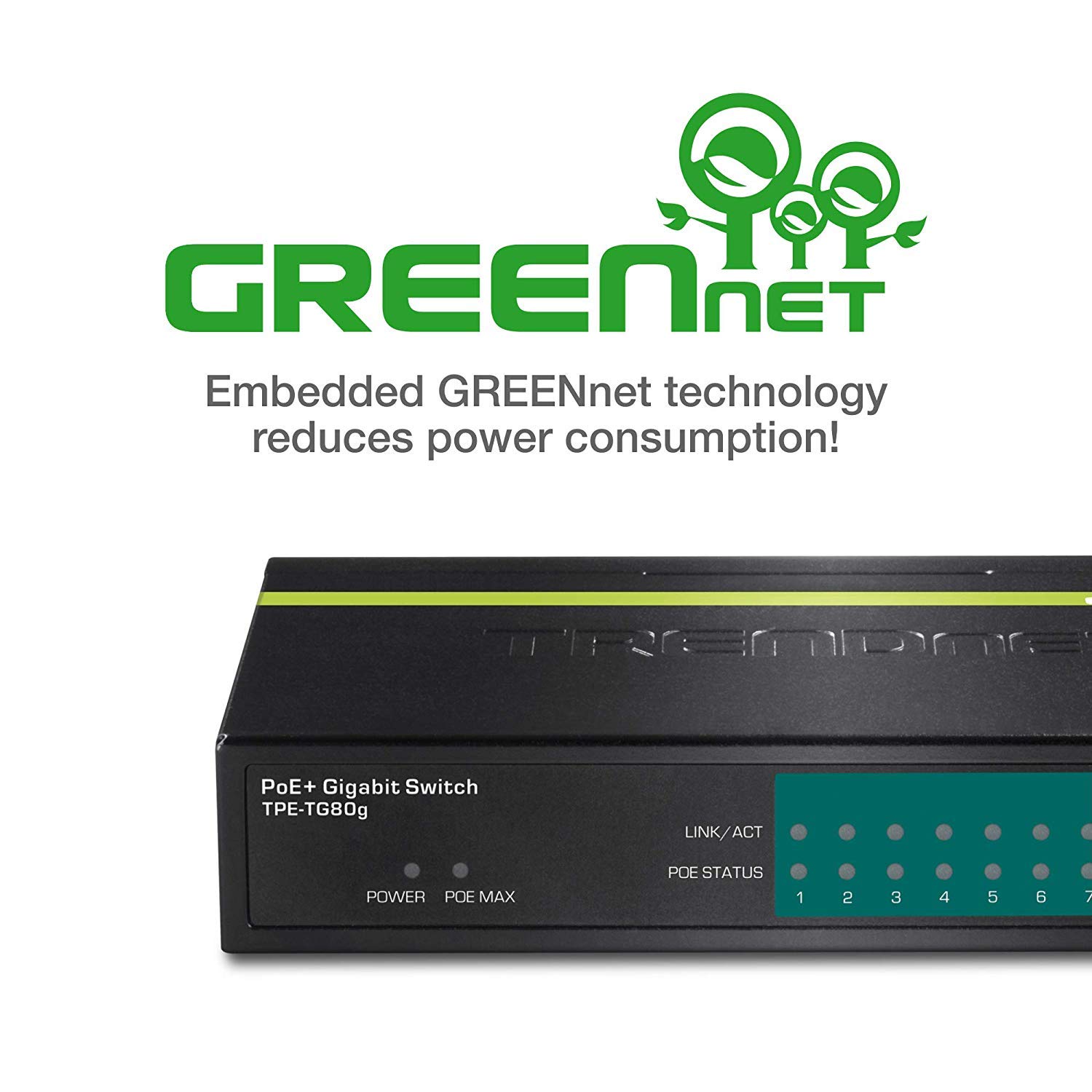 TRENDnet 8-Port Gigabit PoE+ Switch, TPE-TG80G, 8 x Gigabit PoE+ Ports, 123W PoE Power Budget, 16 Gbps, Ethernet Splitter, NDAA & TAA Compliant, Metal, Lifetime Protection, Black