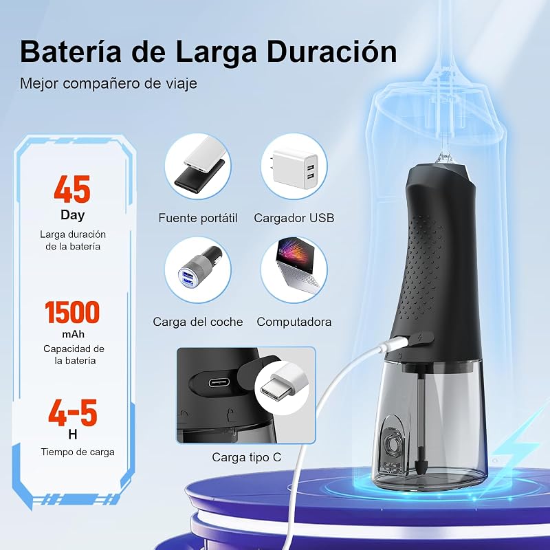 Irrigador Dentário, 320 ml, 4 modos, 5 bicos, IPX7, preto