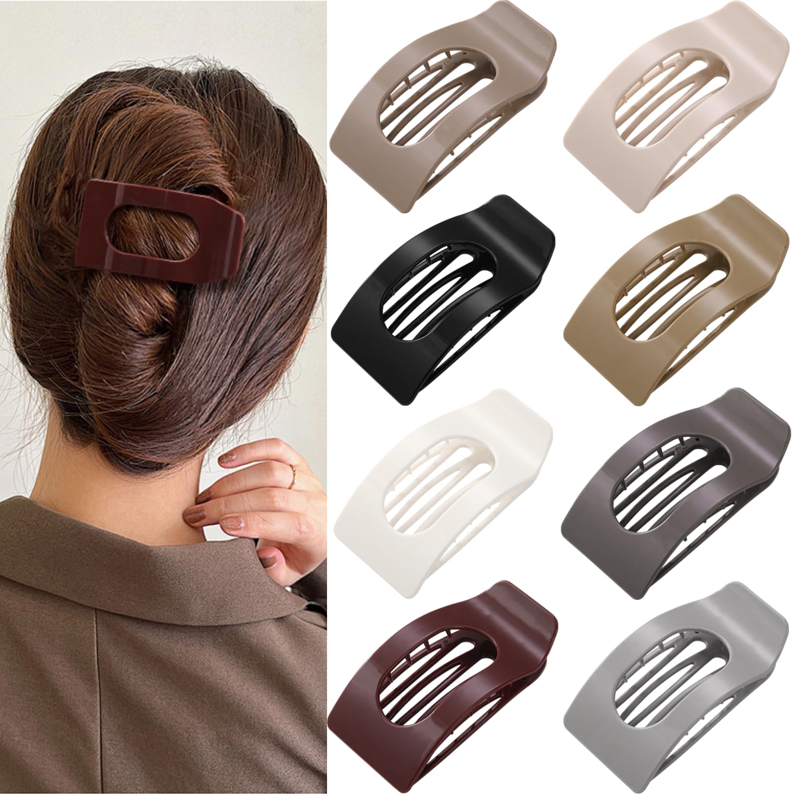Photo 1 of 8 Pack Flat Hair Clips for Women – Large Glossy Neutral Rectangle No-Slip Claw Clips for Thick & Thin Hair, Strong Hold Square Hair Accessories for Work & Stylish Outfits