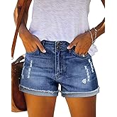 FEKOAFE 2026 Womens Casual Mid/High Waisted Denim Shorts Summer Stretchy Ripped Jean Shorts for Women