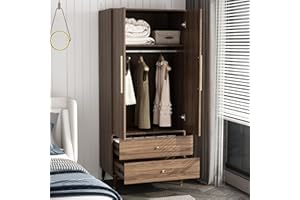 Hitow Wardrobe Armoire Closet with 2 Doors, Wardrobe Cabinet with 2 Drawers & Hanging Rod, Bedroom Armoire Clothes Organizer with Gold Handles, Type B Brown (31.5" W x 19.1" D x 65.1" H)