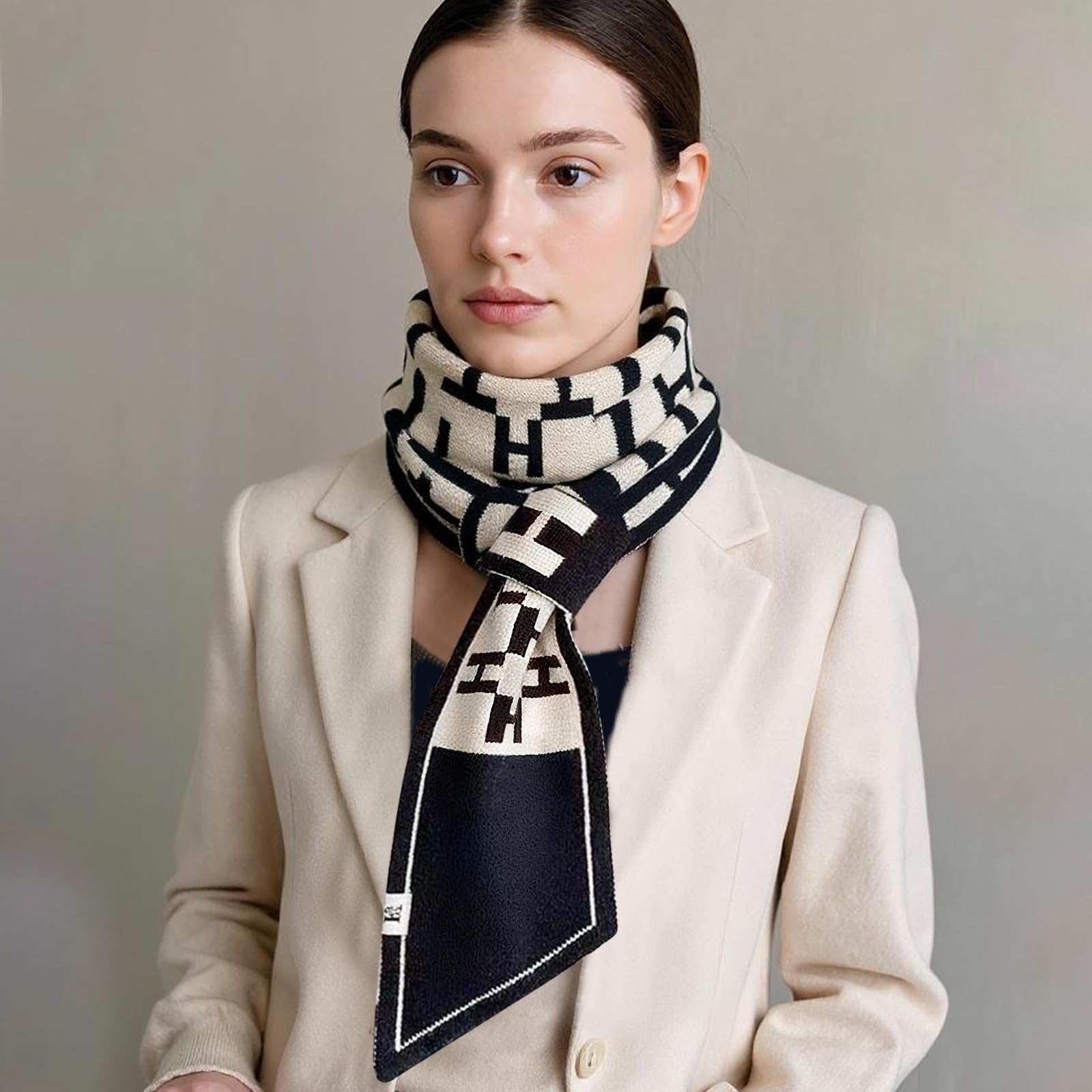LumiSyne Skinny Knitted Scarf Women Winter Pull-Through Design Plaid Letter Pattern Narrow Long Neckerchief Warm Collar Scarf