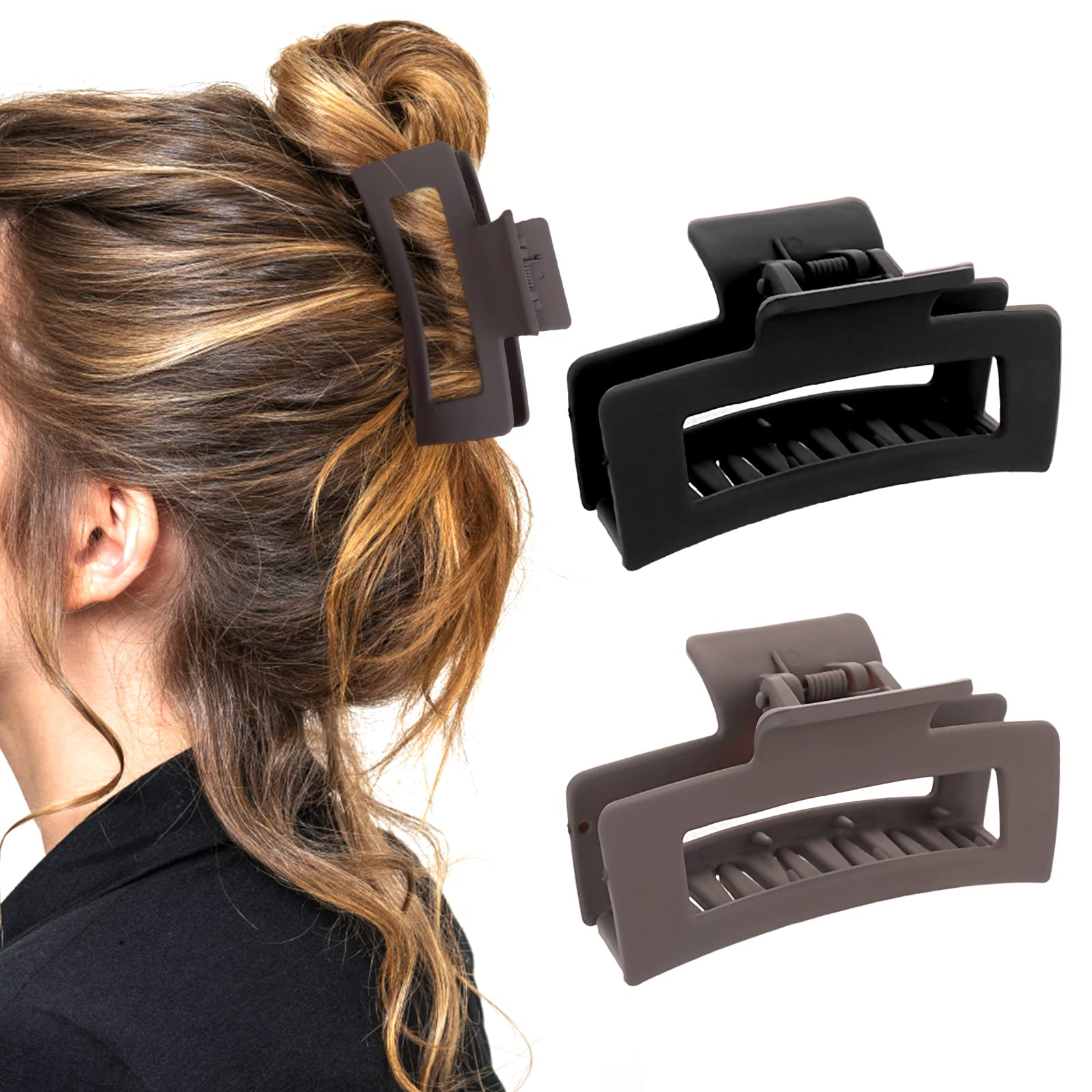 WLLHYF 2 Pieces Square Claw Clips 3.5 Inch Medium Hair Matte Non-slip Clamps Fashion Strong Hold Banana Styling Accessories for Women Girls Thick Thin, 1 Black+1 Brown, 39.0 g