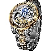 FORSINING Retro Watch for Men Carved Self-Wind Mechanical Tattoo Tourbillon Moon Phase Independent Seconds Skeleton Automatic Big Dial Wrist Watches