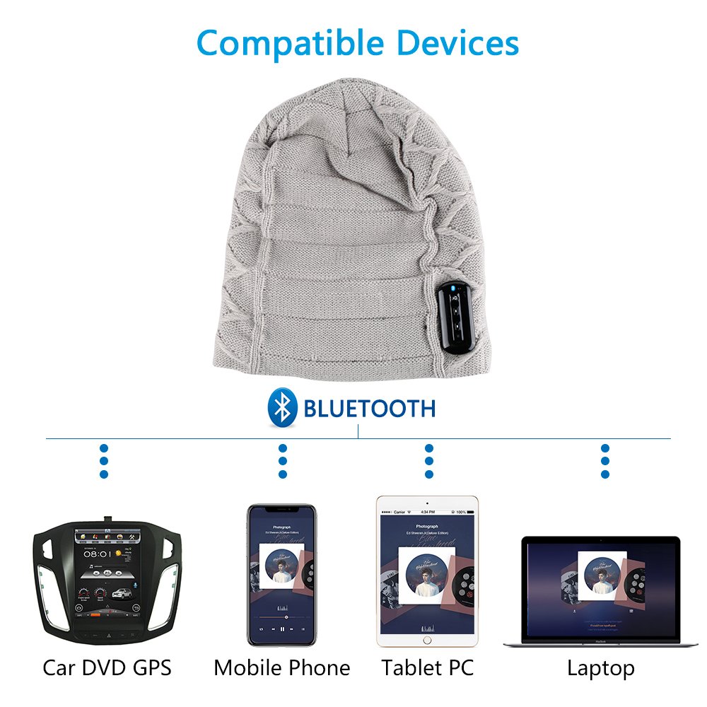 LC-dolida Bluetooth Wireless Music Beanie Hat Women Men Knitted Hat Cap with Microphone Stereo Headphones Headset HandsFree for Winter Outdoor Sports, Built-in Mic Grey