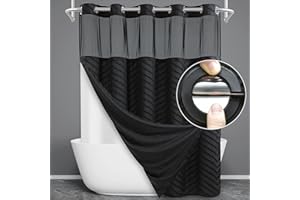 WONICY No Hook Shower Curtain with Snap in Liner, Black Tufted Chevron Striped Shower Curtains for Bathroom, Waterproof & Washable, 71Wx74H