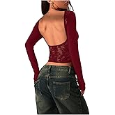 SweatyRocks Women's Backless Lace Crop Tops Long Sleeve Crewneck Slim Fit T Shirts Going Out Tops