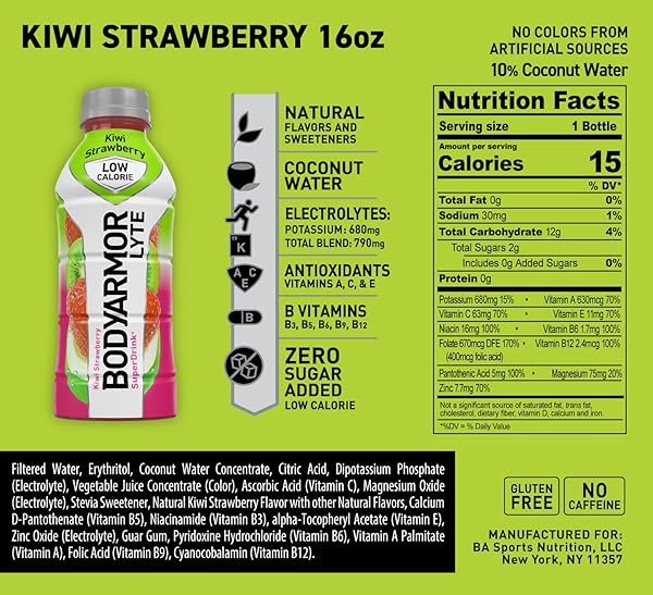 BODYARMOR LYTE LOW-CALORIE SPORTS DRINK, KIWI STRAWBERRY, COCONUT WATER, NATURAL FLAVORS, VITAMINS, ELECTROLYTES, 16 FL OZ (12 PACK)
