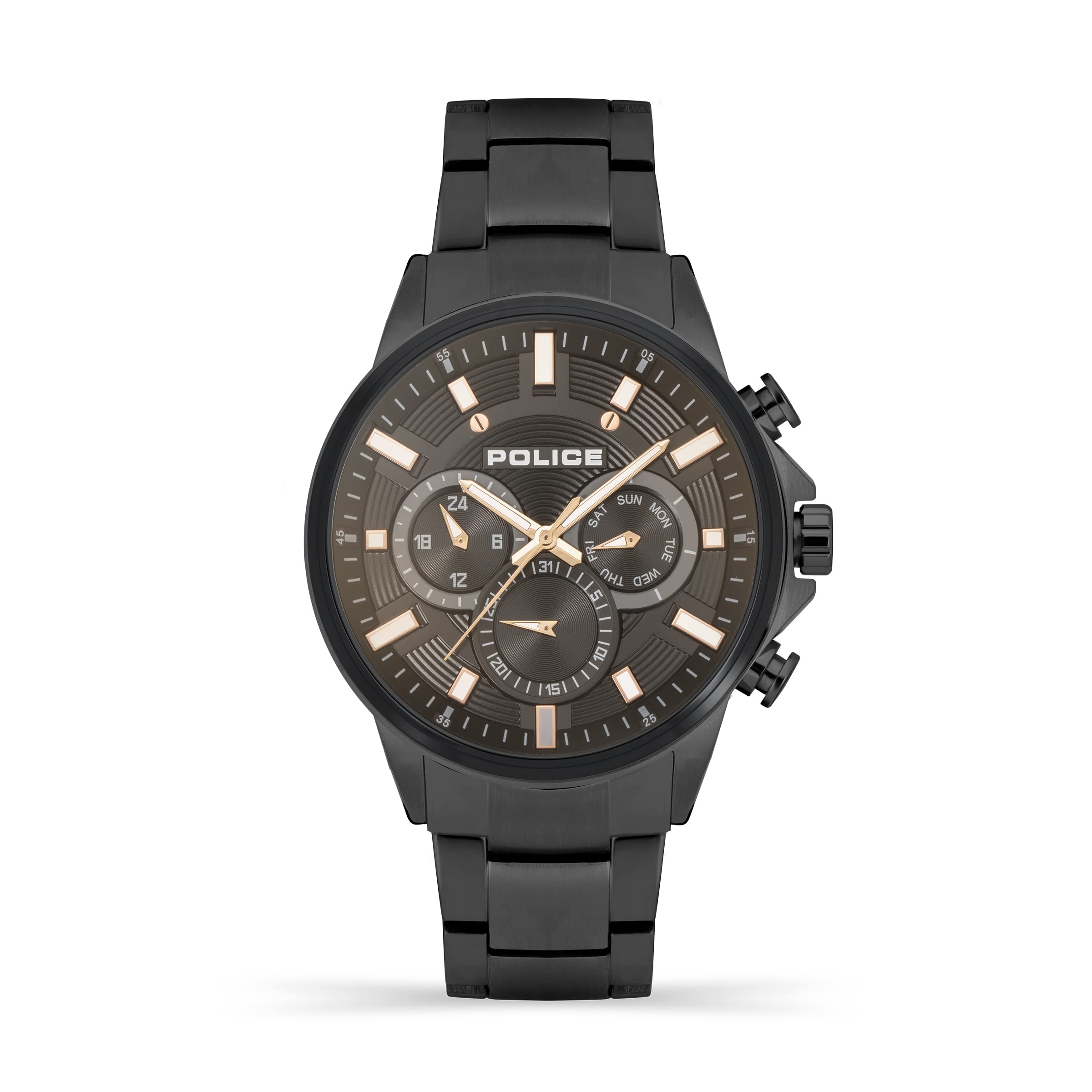 Police Kismet Mens Multifunction Watch with Black Dial and Black Stainless Steel Bracelet, 47mm Stainless Steel Case in Branded Watch Box PEWJK2195101-2 Year Warranty