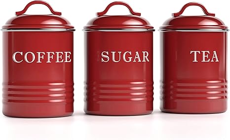 Amazon Com Barnyard Designs Airtight Kitchen Canister Decorations With Lids Brick Red Metal Rustic Farmhouse Country Decor Containers For Sugar Coffee Tea Storage Set Of 3 4 X 6 75 Home Improvement