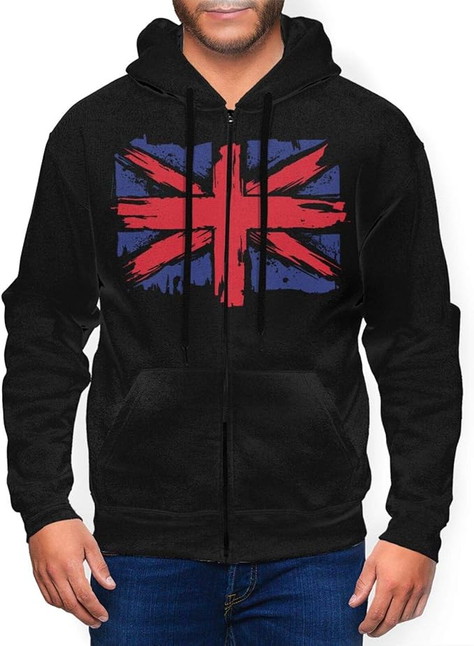Slotley Men's Distressed UK British Flag Hoodie Athletic Fit Full Zip Hooded