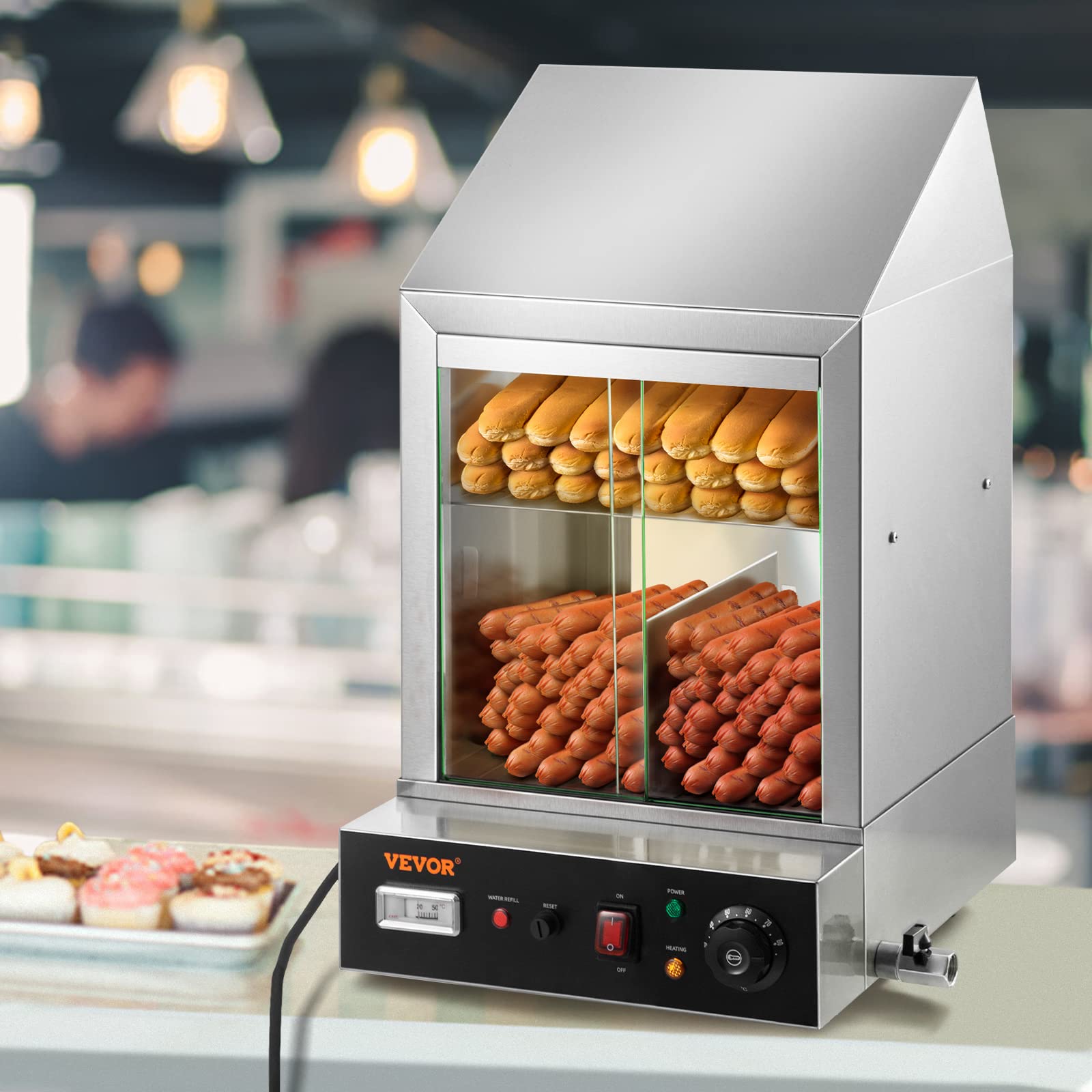 VEVOR Hot Dog Machine, 36 L, 2-Tier Hot Dog Steamer for 200 Hotdogs & 42 Buns, 1200W Electric Bun Warmer Cooker with Rotary Knob Temp Display