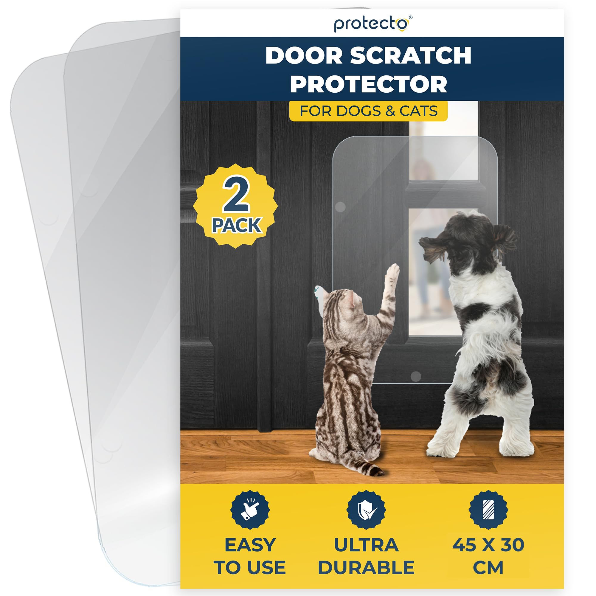 PROTECTO 2-Pack Ultra Durable Door Protector for Dogs – 45x30 cm Clear Cat Scratch Protector | Easy to Install Anti Scratch Door Guard for Dogs and Cats - Protection for Furniture, Walls and Windows