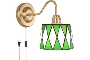 Shenmoyl Vintage Wall Sconce, Wall Mounted Lamps with Green Checker Sconce, Stained Glass Shade Gold Wall Lights Fixture with Plug in Cord and Switch for Bedroom Bathroom Living Room Hallway