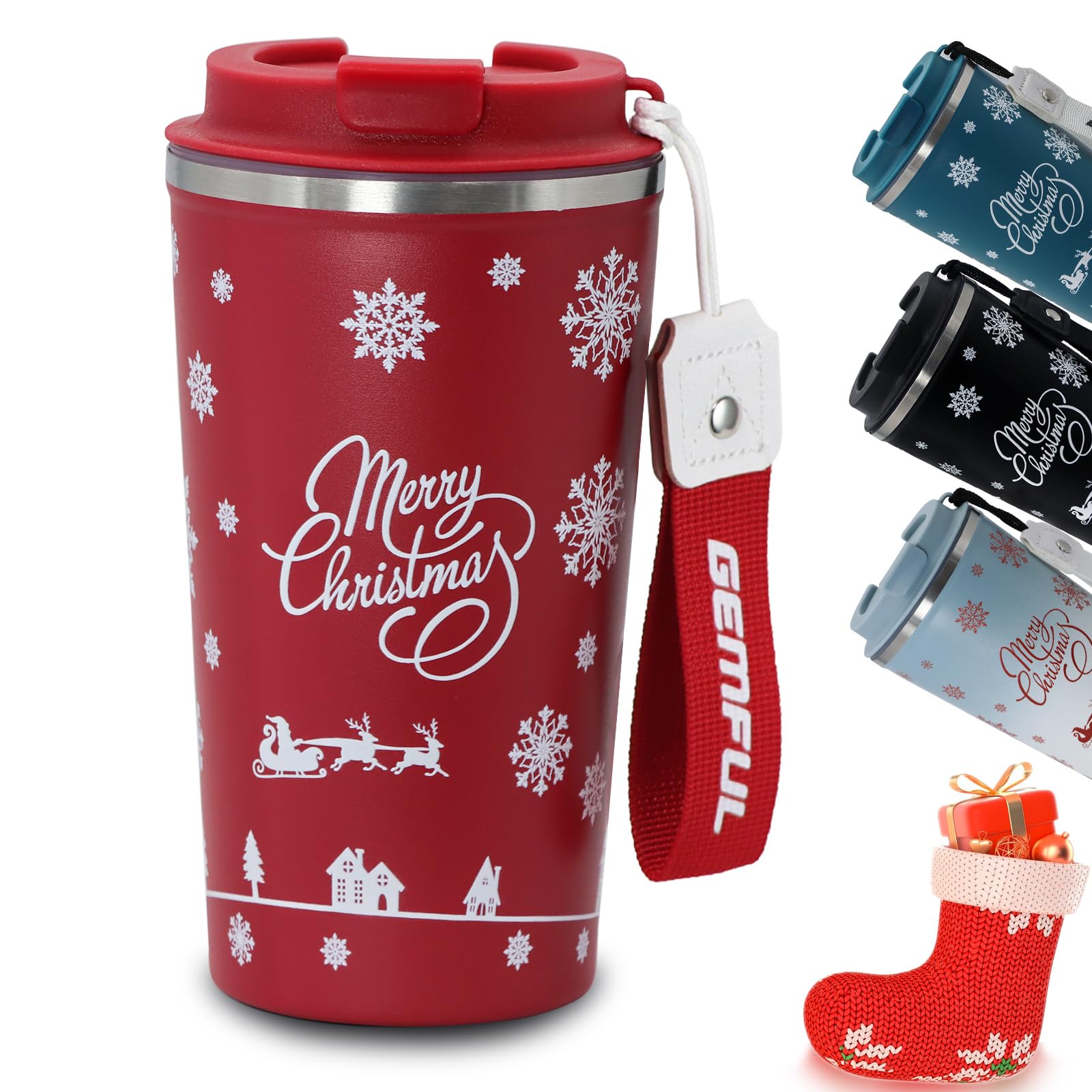 GEMFUL 510ml Stainless Steel Christmas Travel Mug. Double-Walled, Leak-Proof, Keeps Drinks Hot for Hours. A Lovely Xmas Present（Red）