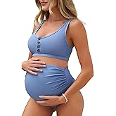 Summer Mae Maternity Ribbed High Waist Swimsuit Crop Top Bikini Bathing Suit High Cut Two Piece Pregnancy Swimwear