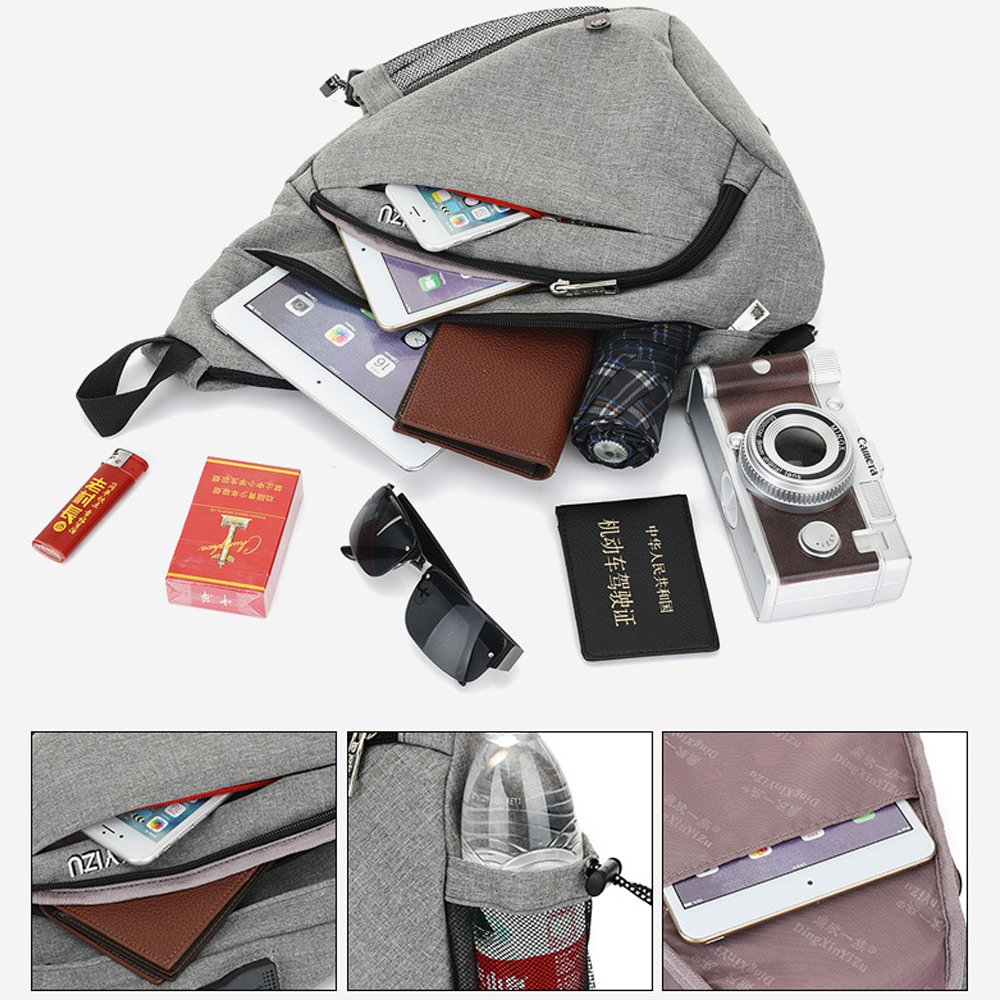 Sling Bag Chest Shoulder Backpack SINOKAL Casual Crossbody Shoulder Triangle Packs Daypacks for Men Women Canvas Digital Camera Bags with Charging Port for Sport Outdoor Gym Travel Hiking (Grey)