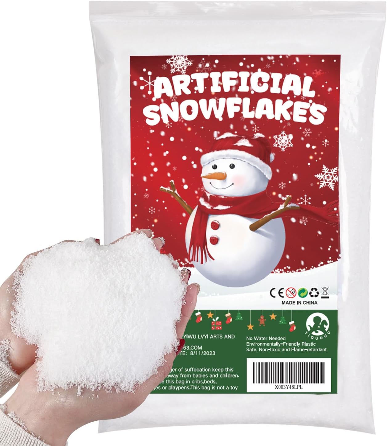 Artificial Snow - YIQUDUO Christmas Fake Snow, Dry Artificial Snowflakes- Instant Snow Decoration for Christmas Village,Winter Displays,Christmas Snow Crafts, Holiday Decor, Party Supplies,16 Oz (Pack of 1)