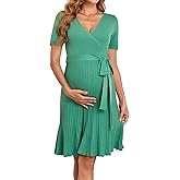 V FOR CITY Maternity Dress Baby Shower Dresses for Women Casual Pleated A Line Waistband Short Sleeve V Neck Knit Summer S-XL
