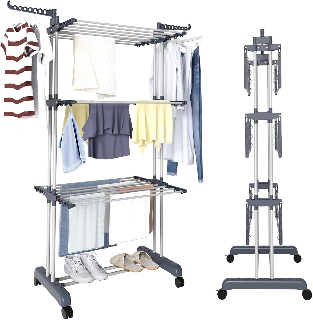 Trintion 3 Tier Adjustable Clothes Drying Rack with Casters & Wings