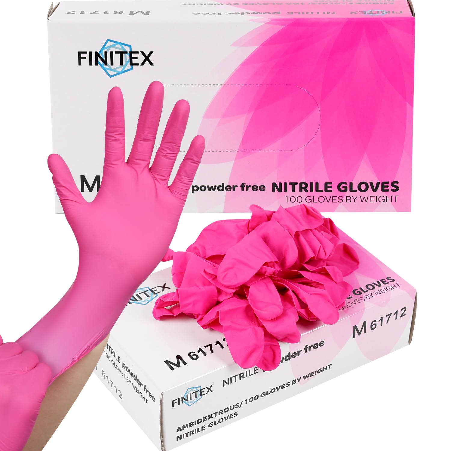 FINITEX Pink Nitrile Disposable Latex-Free Gloves - 3.5mil 100PCS Powder-Free Latex Free Cleaning Medical Exam Food Gloves