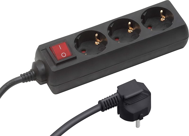 Multiprise 3 Prises - Câble de 1,4 m - Noir - Câble en Plastique - IP20 - Intérieur - Interrupteur/multiprise/Multiprise de Table/Tido 3 Prises / 7430120